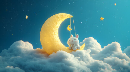 Cute bunny sitting on a crescent moon with stars in the night sky.