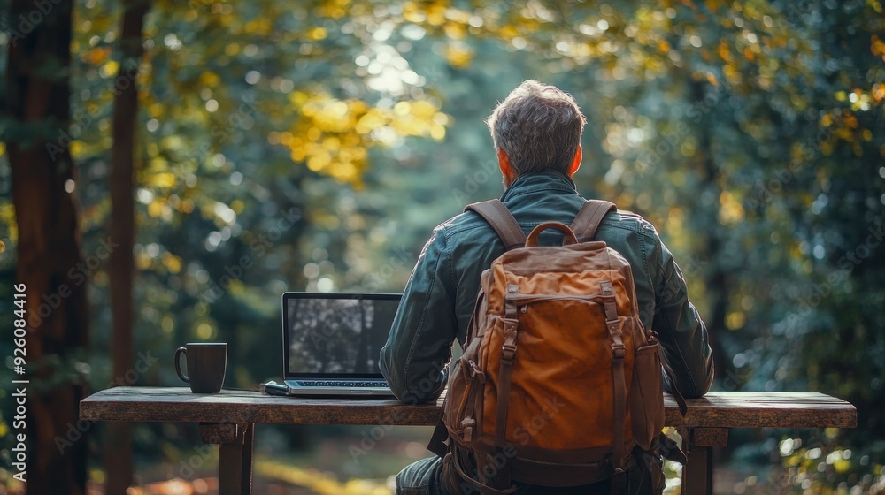 Poster A person sits at a rustic table working on a laptop, surrounded by lush trees and soft, warm light filtering through the foliage