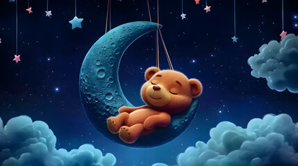 Cute teddy bear sleeping on a crescent moon in a starry night sky.