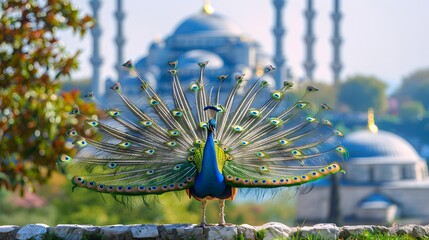 Obraz premium A peacock displaying its feathers with the Turkish flag and Blue Mosque in the background