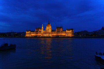 Hungarian Parliament Building Night View with River