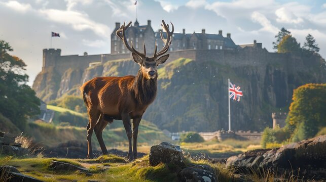 A red deer in a Scottish glen with the Scottish flag and Edinburgh Castle in the background