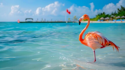 A flamingo standing in shallow water with the Bahamian flag and beach in the background