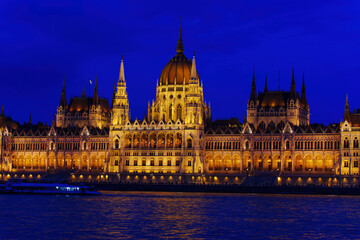 Close-Up of Hungarian Parliament Building at Night with River