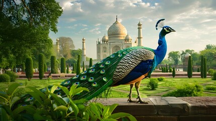A peacock walking through a palace garden with the Indian flag and Taj Mahal in the background © Billy