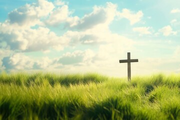 christian background with jesus cross and beautiful green field , ai