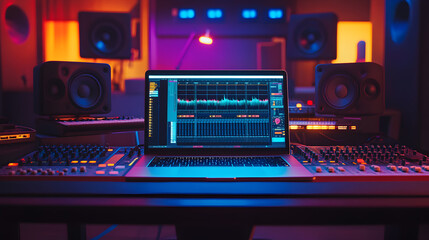 Laptop with music production software on screen, mixer, speakers in neon light.