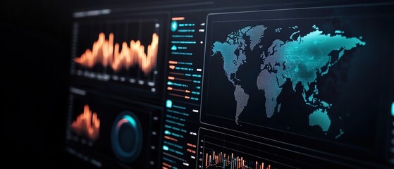 Visual representation of global data analytics with various graphs and world map on a dark background.