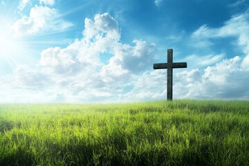 christian background with jesus cross and beautiful green field , ai