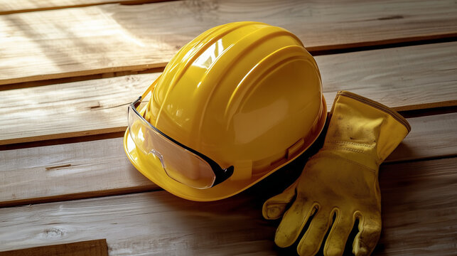 Yellow construction helmet and protective gloves placed on a wooden background, symbolizing safety and protection at a construction site, with space for text or branding, ideal for workplace safety ca