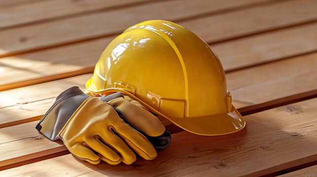 Yellow construction helmet and protective gloves placed on a wooden background, symbolizing safety and protection at a construction site, with space for text or branding, ideal for workplace safety ca