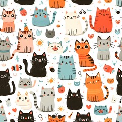 Cute Cat Seamless Pattern Background -  Funny Cartoon Animals Design