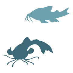 Marine life, sea ocean underwater creatures fish, shells algae seaweed, Ink and pen sketch hand drawn. Single object illustration, stylized, isolated on white. Zoo shop, aquarium, cosmetics, resort