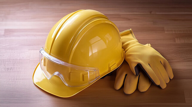 Yellow construction helmet and protective gloves placed on a wooden background, symbolizing safety and protection at a construction site, with space for text or branding, ideal for workplace safety ca