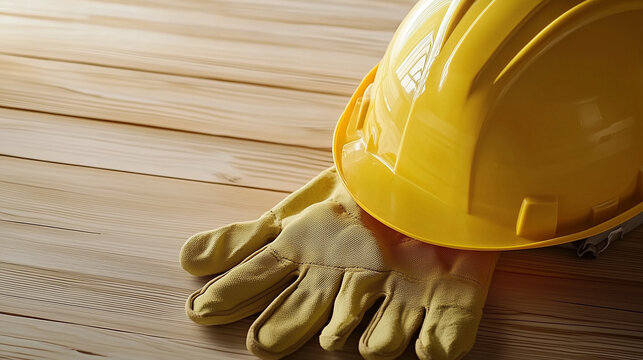 Yellow construction helmet and protective gloves placed on a wooden background, symbolizing safety and protection at a construction site, with space for text or branding, ideal for workplace safety ca
