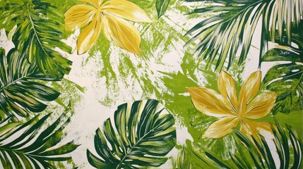 Naklejka premium Tropical leaves explode across a green and white background, blending vibrancy with nature's intricate details, evoking a sense of tropical paradise