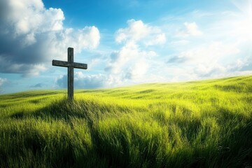 christian background with jesus cross and beautiful green field , ai