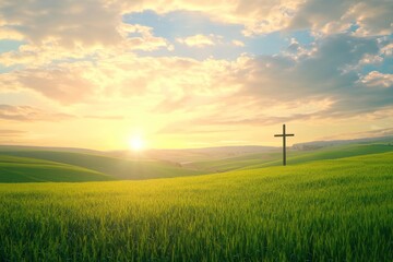 Obraz premium christian background with jesus cross and beautiful green field , ai