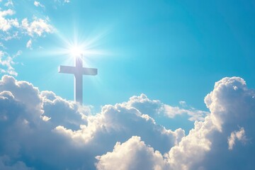 Christian cross appeared bright in the sky with soft fluffy clouds, white, beautiful colors. With the light shining as hope, love and freedom in the sky background , ai