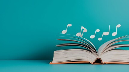 An open book with musical notes floating above, symbolizing the harmony between literature and music, set against a turquoise background.
