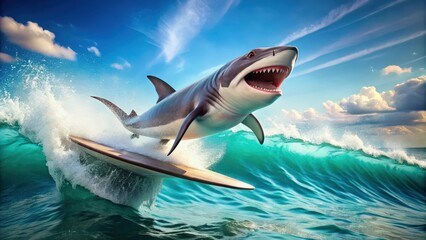 Shark riding surfboard on a wave with a joyful expression, shark, playfully, balancing, surfboard, riding, wave, joyful, expression