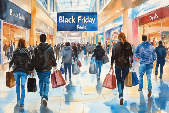 People shopping in a bustling mall during Black Friday, carrying bags filled with deals and discounts under bright lights