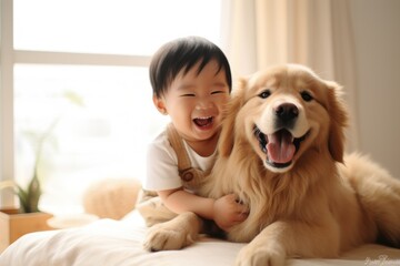 Toddler hugging Golden Retriever