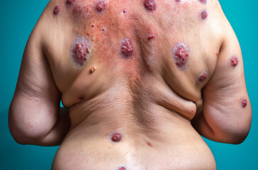 Fototapeta premium Monkeypox Virus on the skin, Microscopic View of the Monkeypox Virus. Close-Up Image of the Monkeypox Virus Structure, Skin Manifestation of Monkeypox, Dermatological viruses Monkeypox
