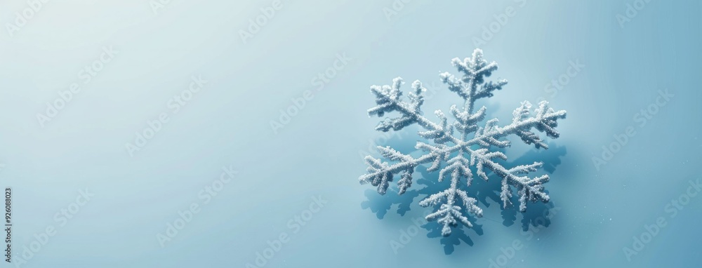 Poster a delicate snowflake resting on a soft blue background, highlighting its intricate crystalline struc