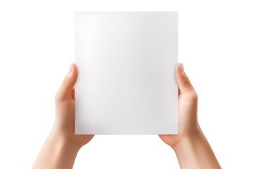 Hands holding white blank paper for poster design on white background. Generative AI.