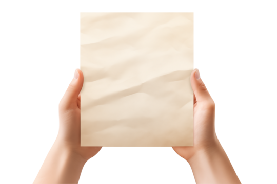 Hands holding old crumpled paper sheet on white background. Generative AI.