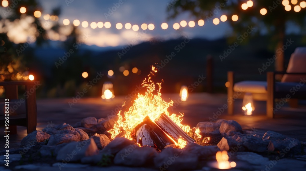 Canvas Prints A fire pit with a bunch of rocks and some lights, AI