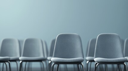 Obraz premium A row of modern gray chairs against a minimalist background, ideal for showcasing contemporary design and interior aesthetics.