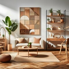Minimalist Living Room Interior Design with Wooden Wall Art and Natural Elements