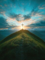 Obraz premium Cristian cross on top of a green hill at sunset , ai