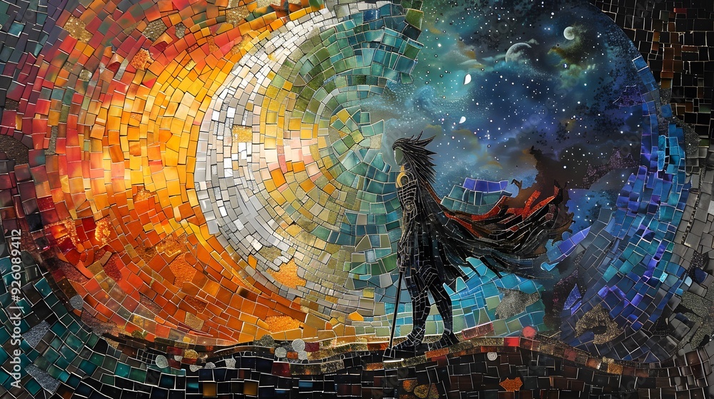 Wall mural mosaic artwork of a figure standing at the edge of the universe.