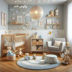 Cozy and Stylish Nursery Decor with Plush Toys and Neutral Colors