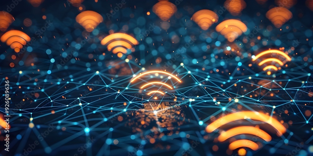 Poster wireless networking concept with devices connected by abstract waves in modern digital for technolog