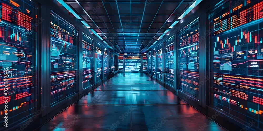 Poster futuristic virtual trading floor with live financial data and dynamic digital visuals