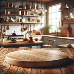 Wooden Cutting Board on Kitchen Counter with Blurred Background