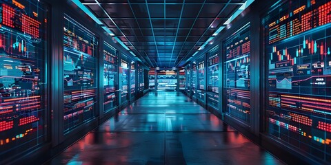 Futuristic Virtual Trading Floor with Live Financial Data and Dynamic Digital Visuals