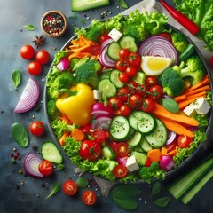 Fresh and Colorful Salad Bowl with Vegetables, Herbs, and Cheese