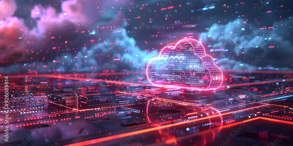 Poster futuristic cloud computing analytics on holographic screen 3d