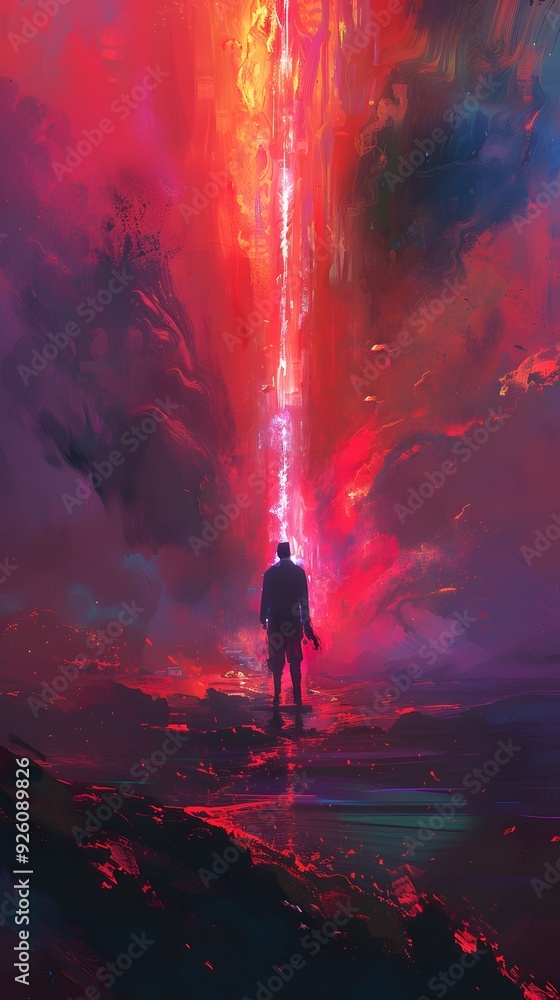 Poster silhouette of a man standing in front of a red and orange abstract background.