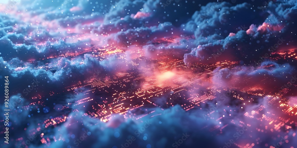Poster dramatic cloud data processing with abstract cpus and digital clouds concept