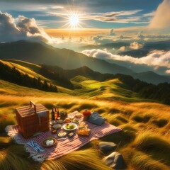 Romantic Picnic at Sunset with Mountain View
