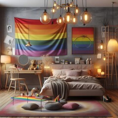 Modern Bedroom Interior with Rainbow Flag and Decor