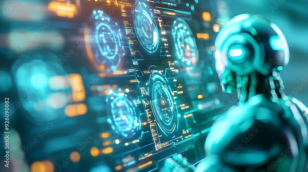 Poster futuristic ai robot with digital interface