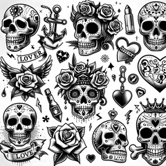 Black and White Skull Tattoo Design Elements