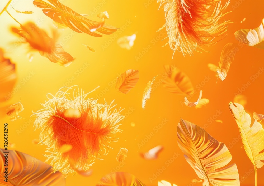Poster abstract orange feathers floating in a bright background, creating a warm and vibrant atmosphere
